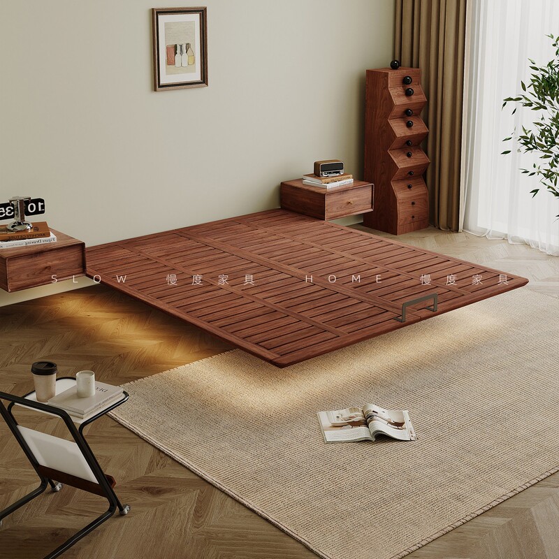 Solid Walnut Wood Bed with No Headboard, Floating Bed Frame, Mortise and Tenon Structure, Bedroom Bed with 1.5m Rows of Slats