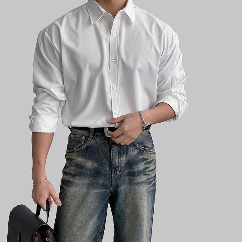 Fitness Men's Ice Silk Loose Shirt with Dropped Shoulders and Shoulder Pads, Suit Shirt, Loose Formal Wear, Long Sleeves, Simple Solid Color, No Ironing Needed
