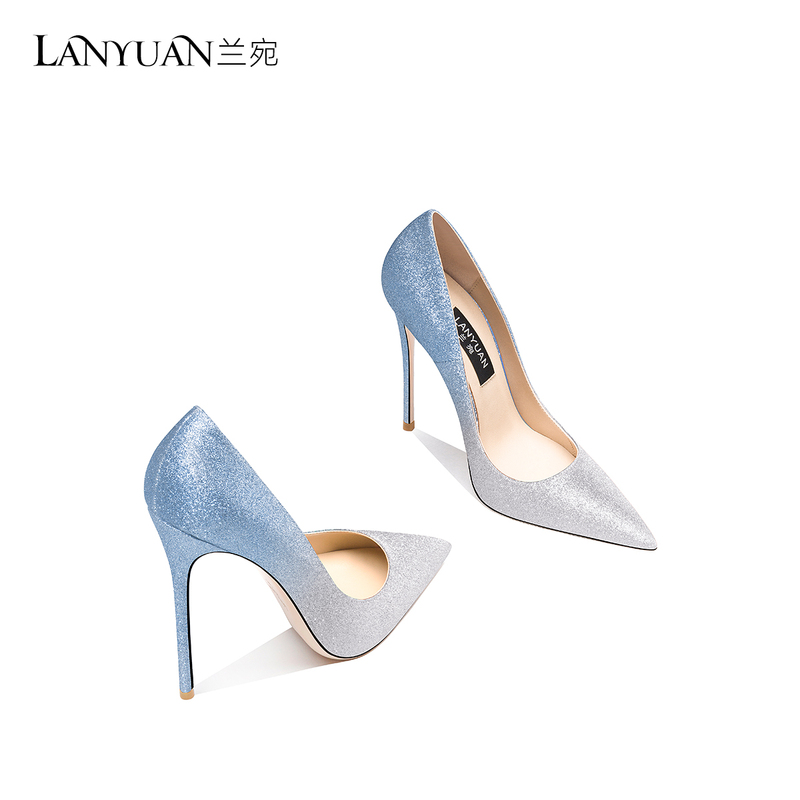 High-Heeled Shoes for Women, Stiletto Heels, Elegant Ladylike Style, Blue Gradient Sequins, 2024 New Summer Sexy Stiletto Pointed Toe Single Shoes