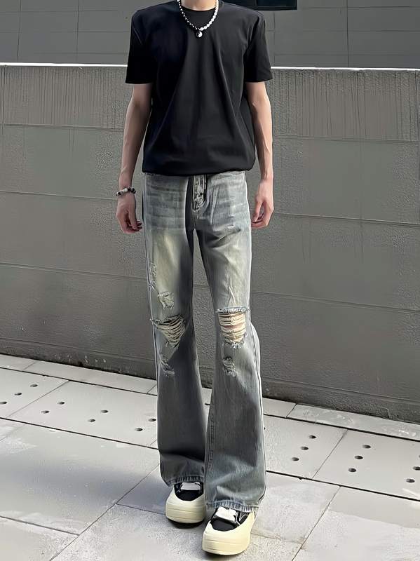 Airy White/American-Style Ripped Jeans for Men, High Street Loose Straight-Leg Flared Casual Versatile Washed Wide-Leg Pants Airy White/American-Style Ripped Jeans for Men, High Street Loose Straight-Leg Flared Casual Versatile Washed Wide-Leg Pants