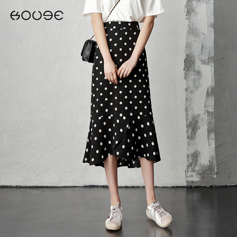 Black polka dot skirt women's summer chiffon long skirt high waist bag hip skirt mid-length skirt small floral fishtail skirt