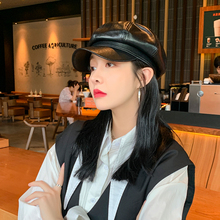 【向朵】休闲纯色pu皮质八角帽子