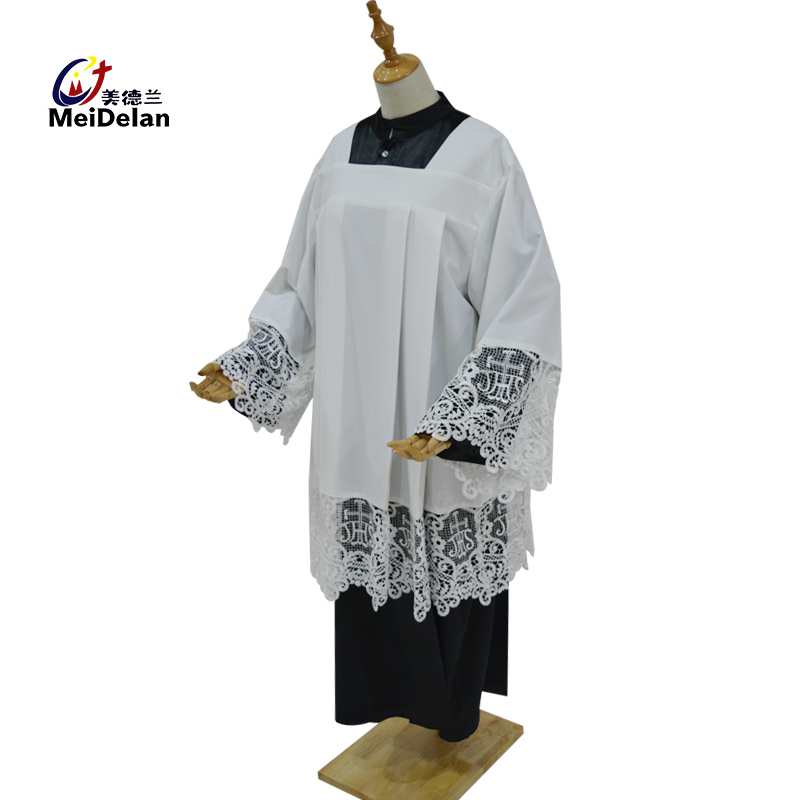 Medland High-Quality Lace Splicing Priest's Workwear Lace-Edged White Shirt Ice Silk Linen Material Cross Symbol Lace