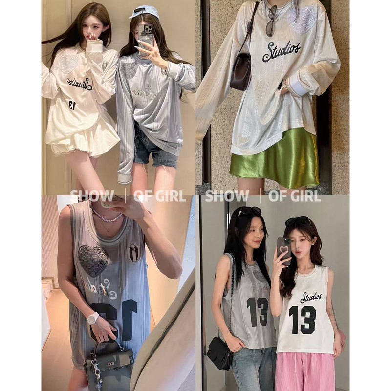 Show of Girl 26Ss Heart Jersey Language! Sports-Style Letter Heart Embroidery Printed Long-Sleeve T-Shirt Top