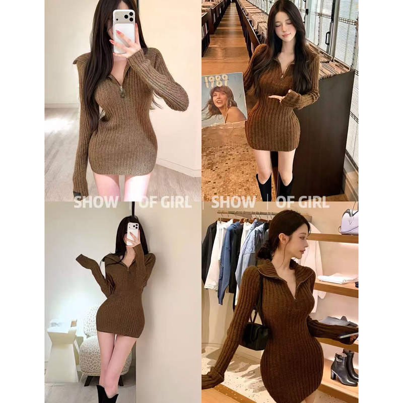 Show of Girl 26S Slimming Knit Dress! Half-Buttoned, Slim-Fit, Long-Sleeved Knit Sweater Short Dress