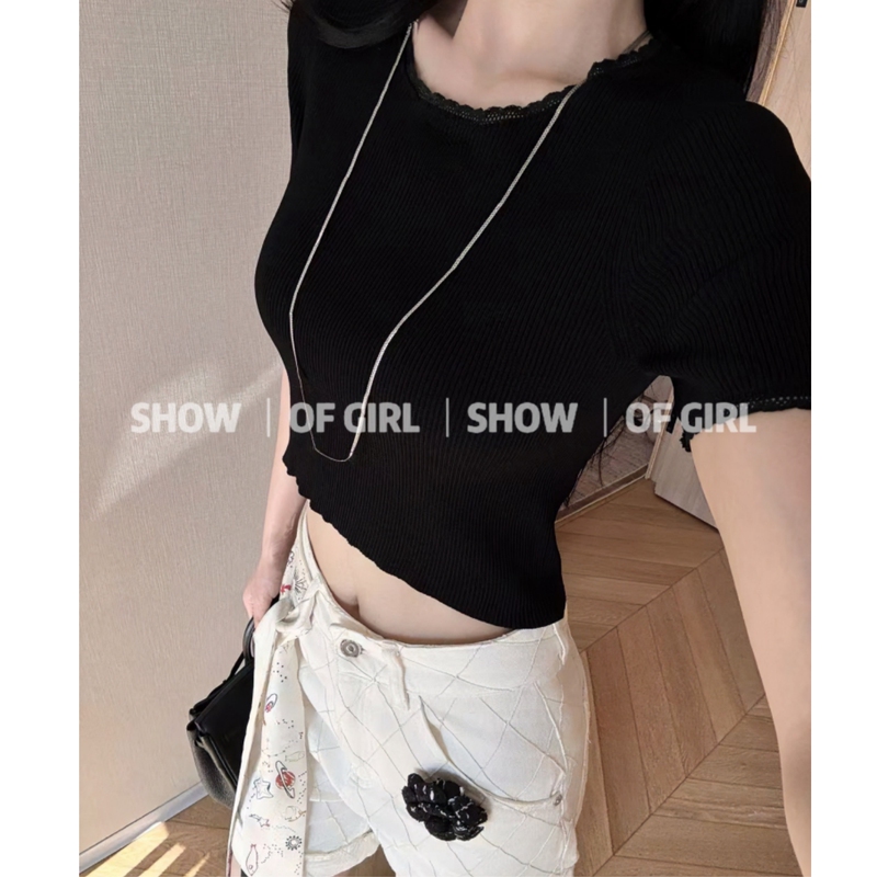 Show of Girl 26S Jet Black Silk-Like Fabric! Ribbed Lace Knit Short-Sleeve Slim-Fit Short Top