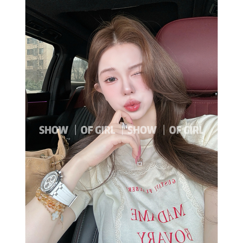 Show of Girl 26S Super Soft Pure Wool! Letter Lace Trim Short-Sleeved Knit Top Slim Fit Top