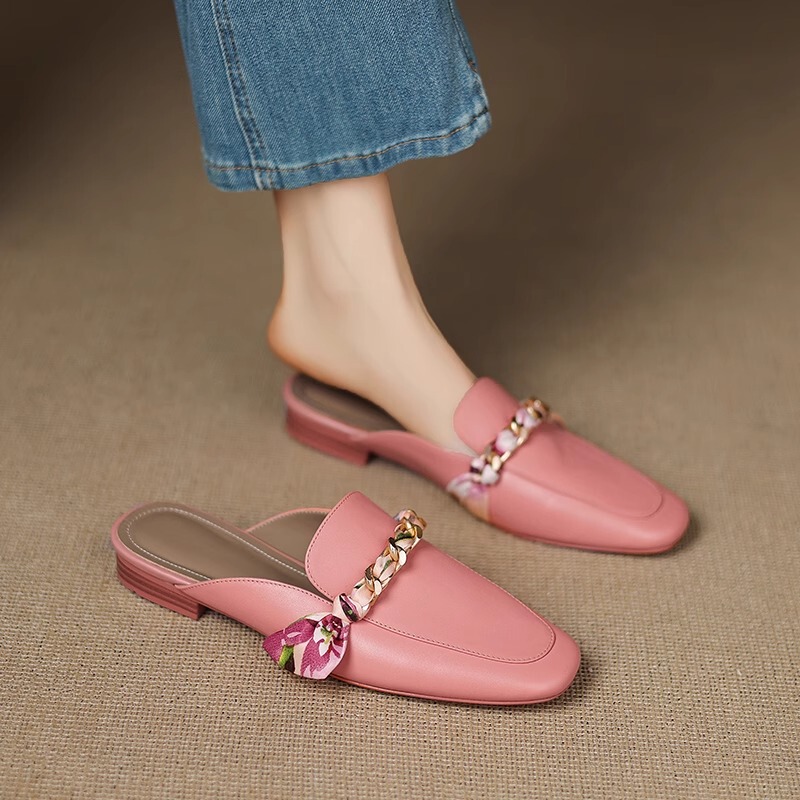 [Italy] Ongysl Heel Height 2cm ⭐ New Summer Outerwear Fashionable Genuine Leather Toe-Toe Half-Slippers with Elegant Style