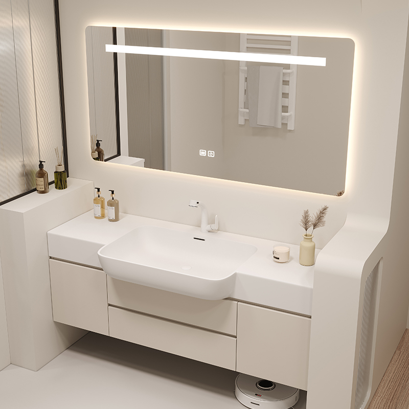 Orange Corian Integrated Large Basin Bathroom Cabinet Set for Small Apartments, Ultra-Narrow Bathroom Vanity Sink Orange Corian Integrated Large Basin Bathroom Cabinet Set for Small Apartments, Ultra-Narrow Bathroom Vanity Sink