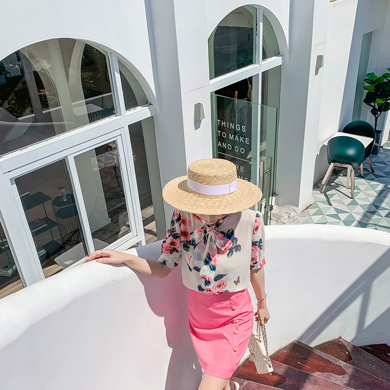 VK旗艦店 韓系蝴蝶結碎花襯衫高腰排扣裙套裝短袖裙裝