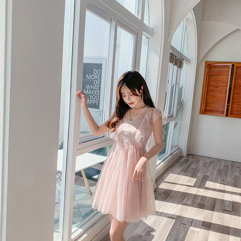 VK旗艦店 韓國風名媛V領拼接閃閃網紗短版無袖洋裝