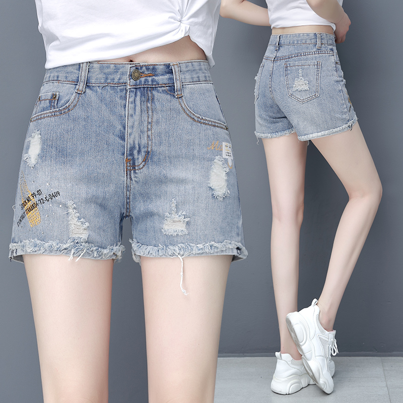 High-End Summer Thin Denim Shorts for Women, New High-Waisted, Height-Enhancing, Straight-Leg, Frayed, Ripped Hot Pants