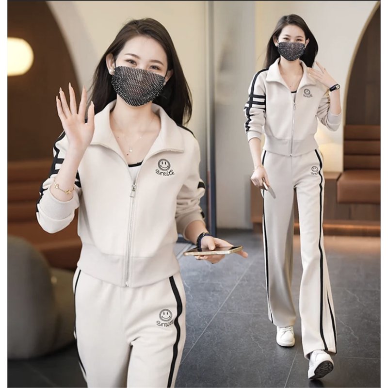 High-End Casual Sportswear Suit for Women, Spring and Autumn New Style, Fashionable and Age-Reducing Cardigan Jacket, Wide-Leg Pants Two-Piece Set