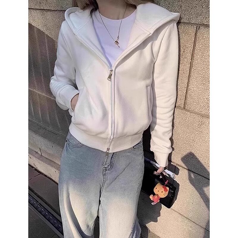 Light Luxury Korean Style Short Hooded Sweatshirt Jacket, White Lazy Style Cardigan Top, New Spring and Autumn Slim Fit Commuter Style