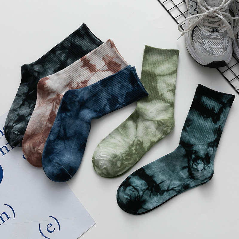 Trendy Sports Mid-Calf Socks for Men and Women, Skateboard Socks, European Street Style, Pure Cotton, Vintage Washed, Tie-Dye Long Socks