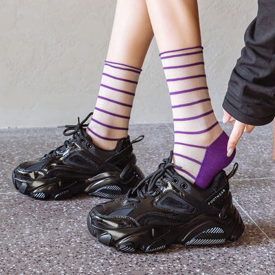 Japanese-style summer "Pile up" socks for women, thin ins trend, Korean transparent glass, silk, crystal mesh, striped socks trend