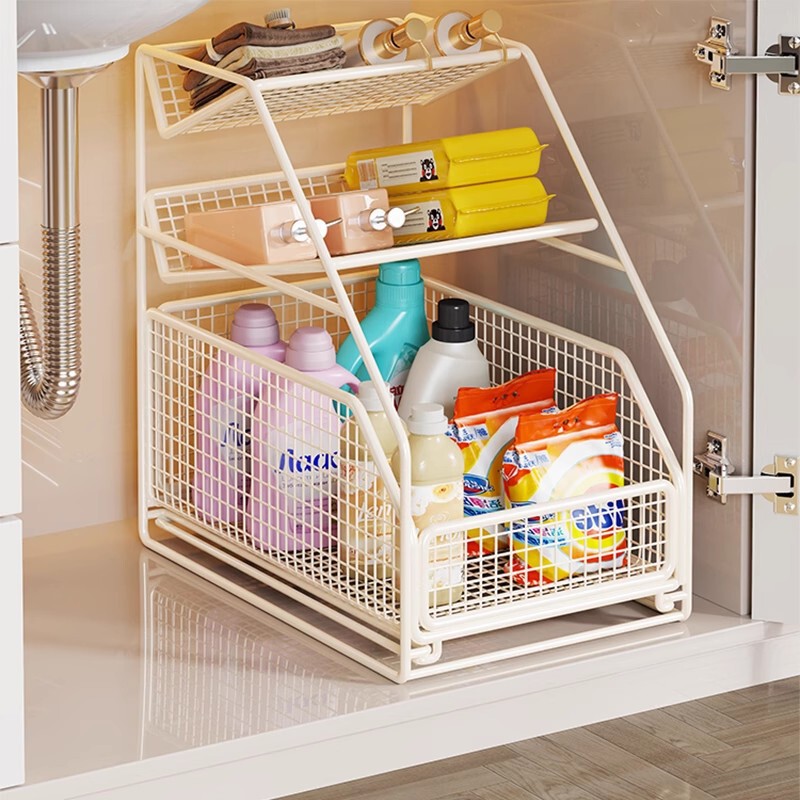 Bathroom Under-Sink Storage Rack, Pull-Out Layered Storage Rack Inside the Washbasin Cabinet, Multifunctional Bathroom Storage Rack