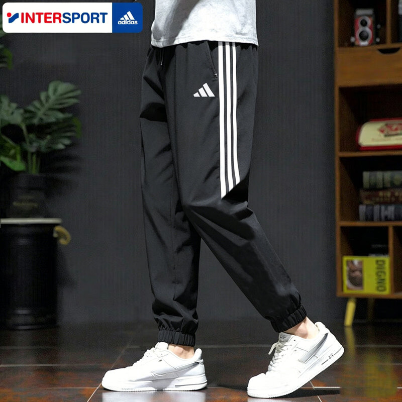 Inter丨Adidas Men's Summer Thin Black Casual Jogger Pants, Cool, Quick-Drying, Breathable Sports Pants