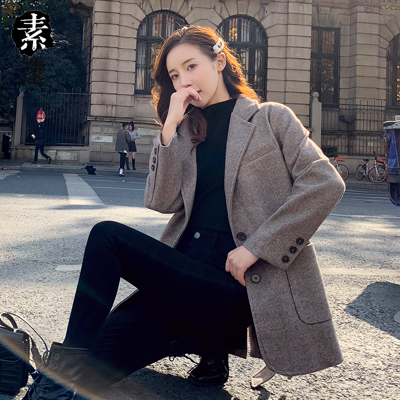 人字纹毛呢外套女2019新款韩版修身显瘦小西装学生bf呢子大衣女