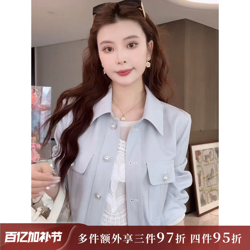 Kun【Yuan Oxygen Girl】Blue Vintage Lapel Short Jacket for Women Spring New Denim-Style Top