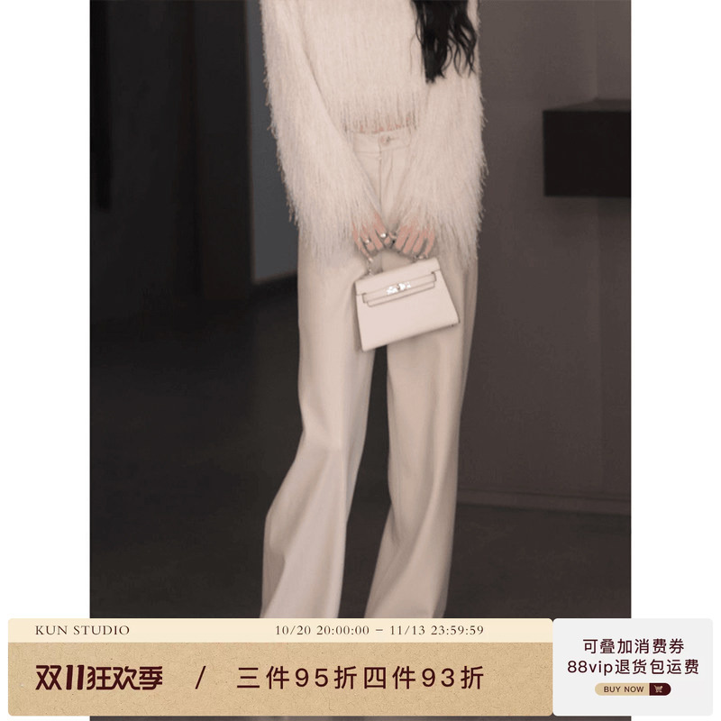 Kun【Stylish Leather Pants】Off-White Wide-Leg Trousers Casual Protein Leather Pants 2026 Autumn New Style
