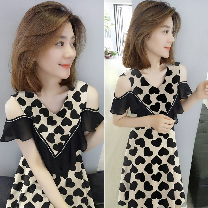 Châu Âu ga mùa hè quần áo phụ nữ 2021 xu hướng hàng hóa Châu Âu mới màu đen lệch vai tình yêu lá sen người nổi tiếng váy phong cách hàn quốc - váy đầm