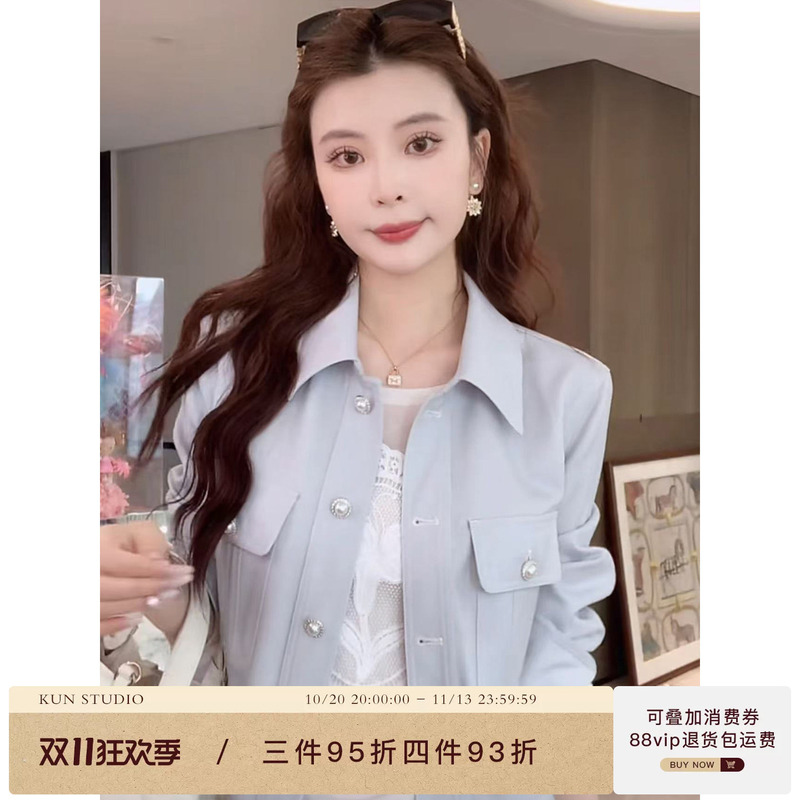 Kun【Yuan Oxygen Girl】Blue Vintage Lapel Short Jacket for Women, Autumn Faux Denim Top, New Style Kun【Yuan Oxygen Girl】Blue Vintage Lapel Short Jacket for Women, Autumn Faux Denim Top, New Style