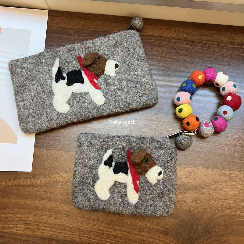 Authentic Nepalese Handmade Wool Felt Red Scarf Dog Pencil Case Phone Bag Coin Purse Card Holder Storage Bag Gift