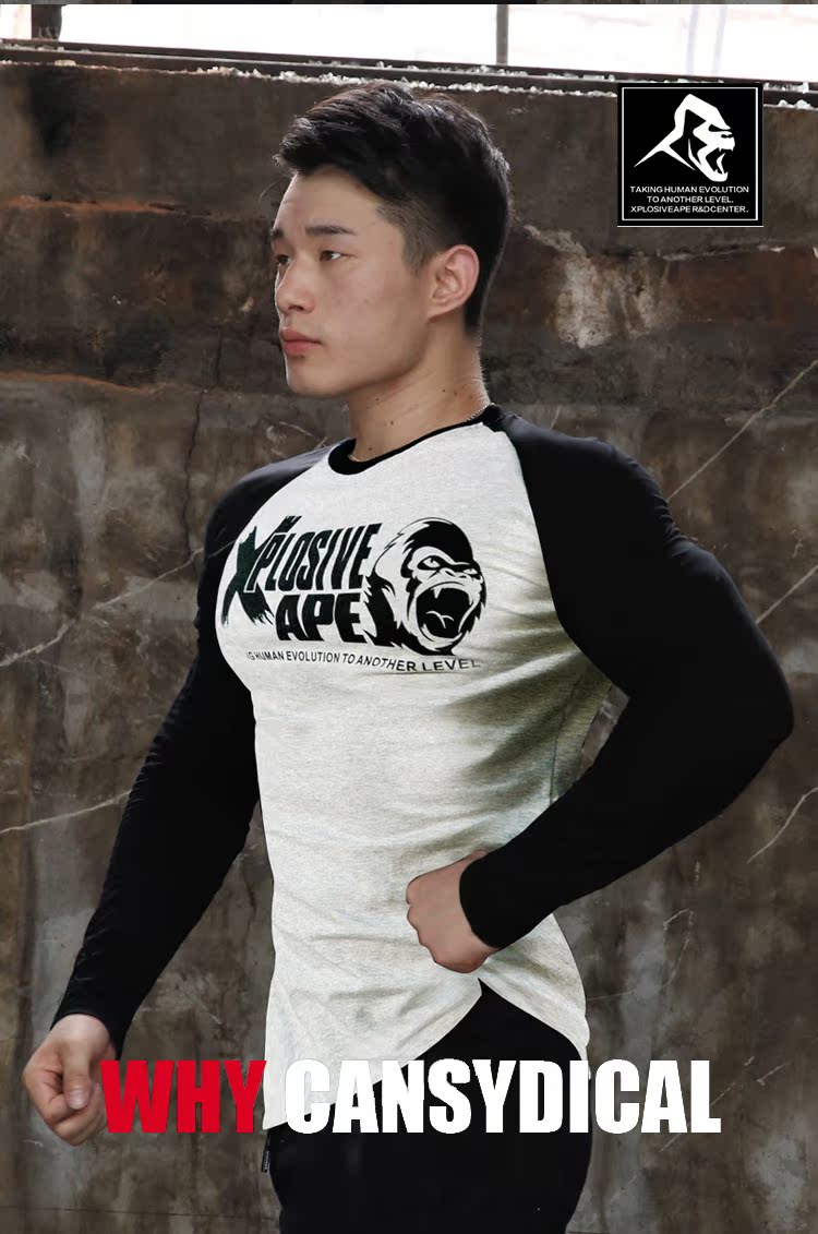 Mùa thu và thể thao mùa đông bùng nổ tay dài Tập thể dục cơ bắp nam giới căng áo thun rách cổ tròn áo thun mỏng áo polo thể thao nam