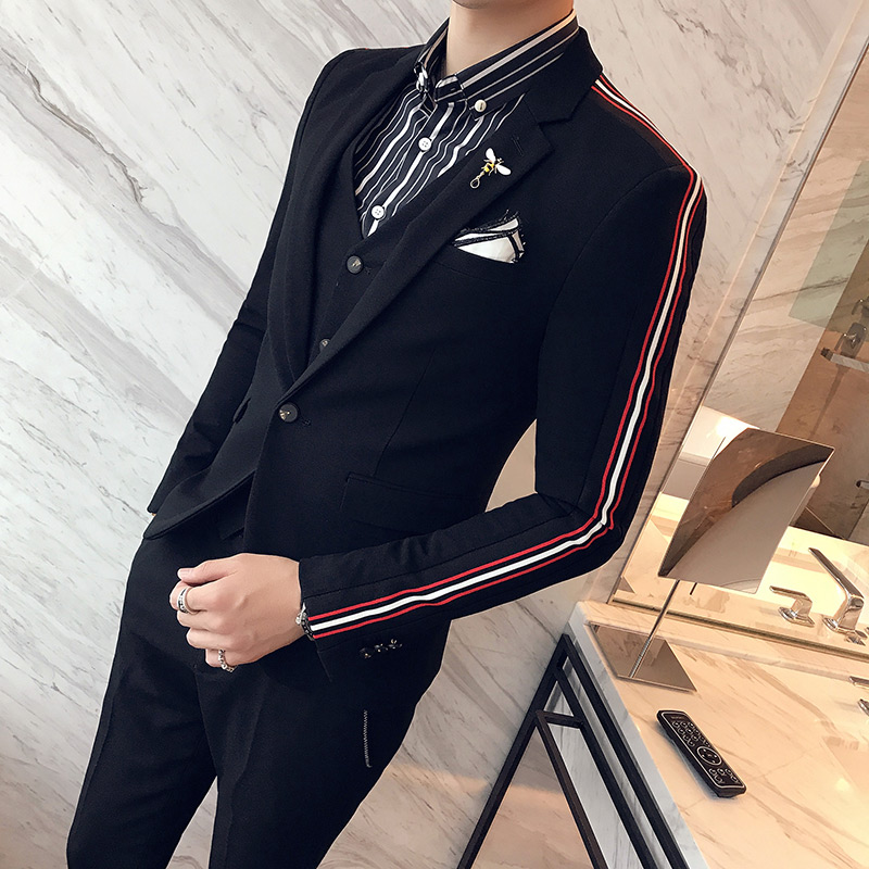 韩版西服套装男士夜店发型师西装三件套韩版修身潮流个性夜场男装