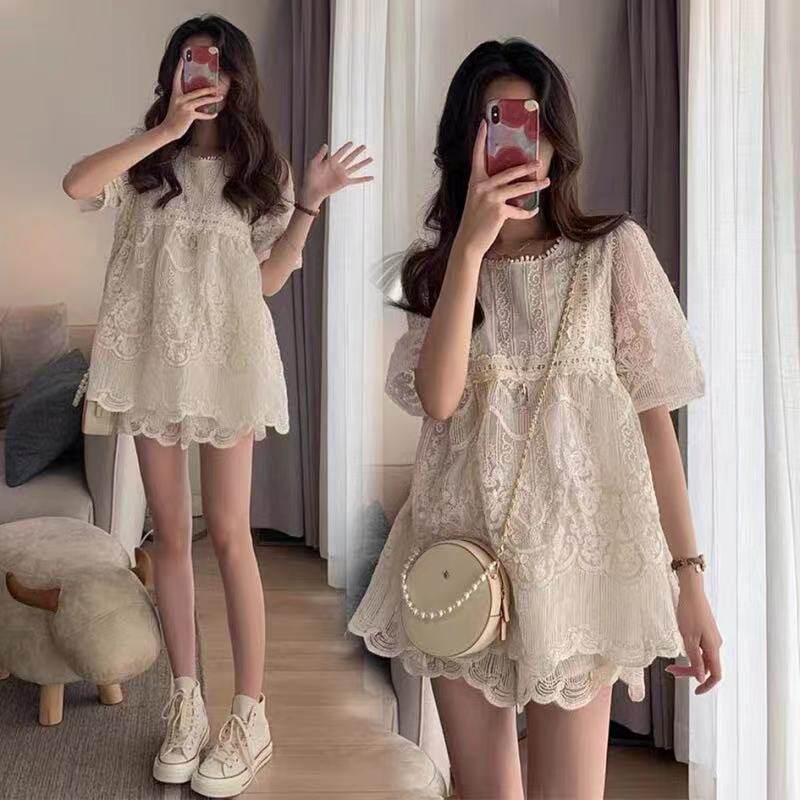 Maternity dress summer suit 2021 going out fashion new net red summer lace top thin section short-sleeved summer pregnant woman
