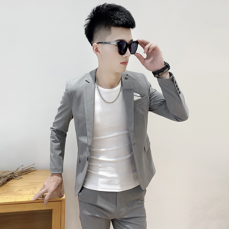 Spring Fall Western suit suit men's body handsome new Korean version Trend casual Two sets of grey little suit jacket