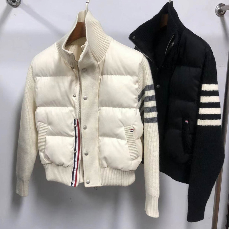 Tb Autumn and Winter Four-Stripe Color-Blocked Knitted Patchwork Stand Collar White Duck down Short Casual Women's Jacket