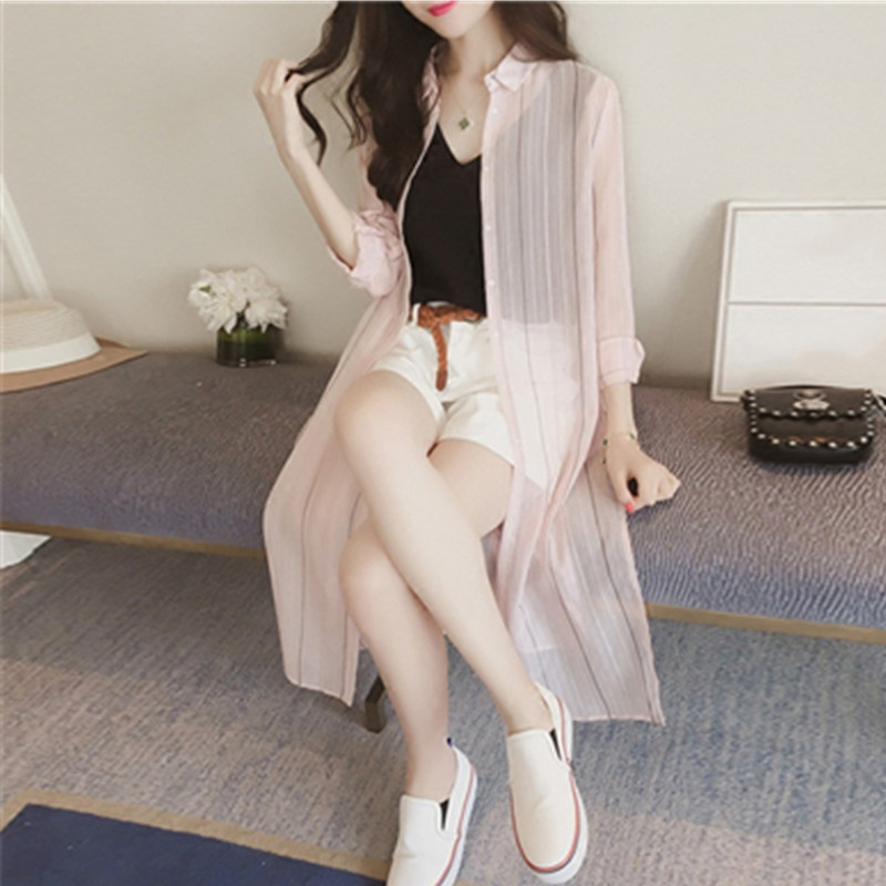 (100% silk)sunscreen clothing cardigan striped shirt women's summer long-sleeved thin medium-long version of the outer match 2021 new