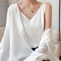 100%mulberry silk camisole womens spring and summer silk inner tie bottoming shirt White sleeveless top Wild V-neck