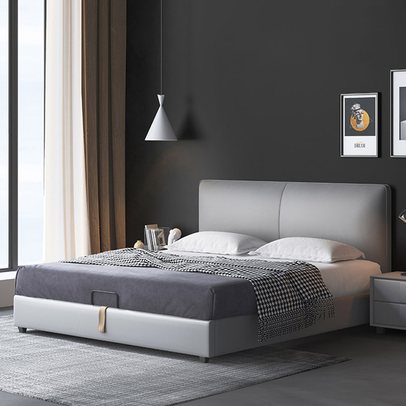 Modern Nordic Light Luxury Real Leather Bed Small Family Type 1 8 m Double Bed Thin Bedside Wedding Bed Simple Bed Main Sleeper Bed