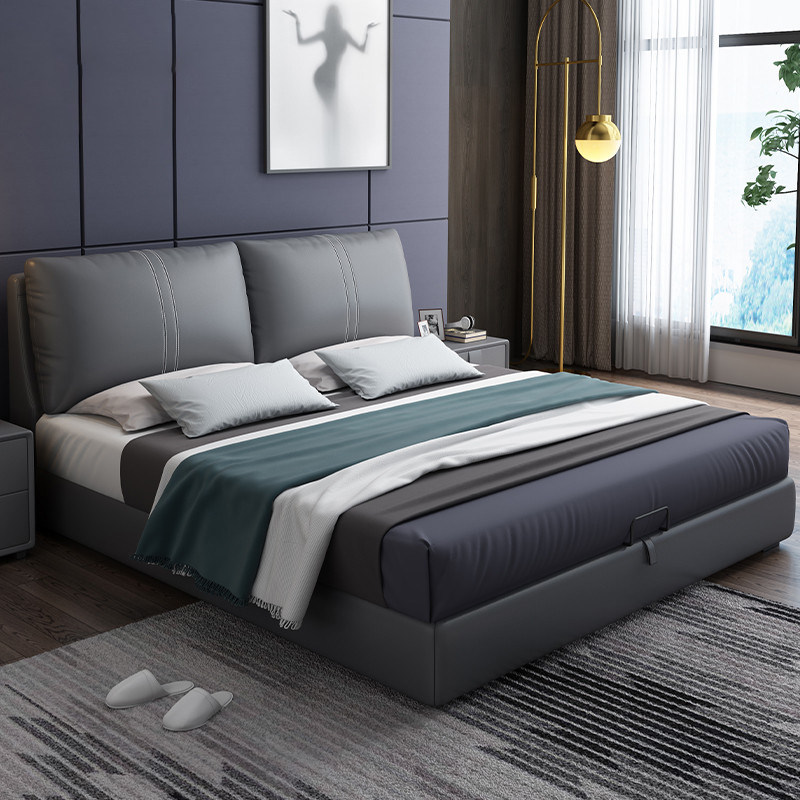 Modern natural eco-friendly light and luxurious leather bed Italian style minimalist bigot storage small family type soft leaned solid wood wedding bed