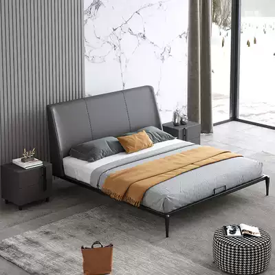 Leather bed Modern minimalist Italian minimalist double bed master bedroom Nordic light luxury 1 8 m wedding bed soft bag leather bed
