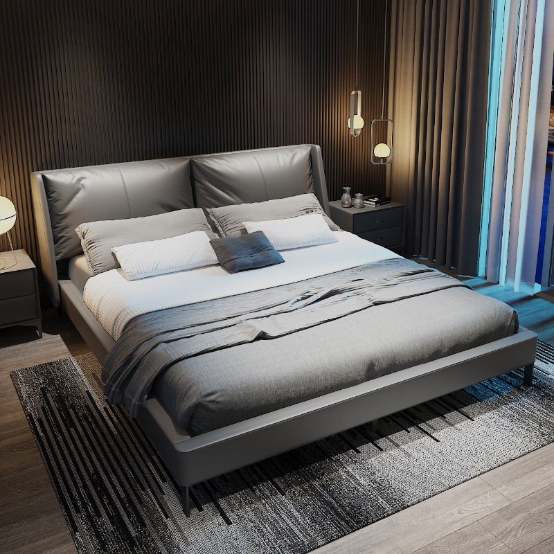 Willpower light extravagant bed main bedroom with real leather bed Nordic industrial wind modern minimalist double people's bed upscale atmosphere soft-packed bed