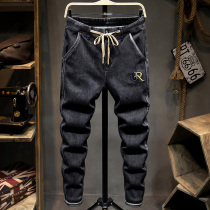 Mens jeans autumn 2020 new trendy brand drawstring slim feet Korean fashion embroidery casual long pants