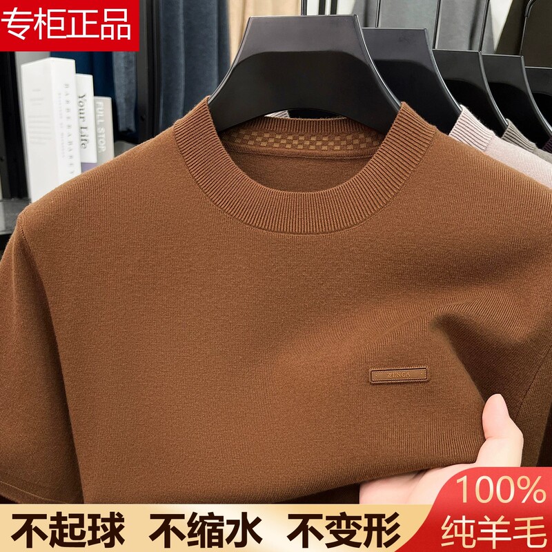 Ordos City Fine-Spun Pure Wool Sweater Men's Autumn Short-Sleeved Sweater Warm Round-Neck Half-Sleeved Knitted Base Layer Sweater