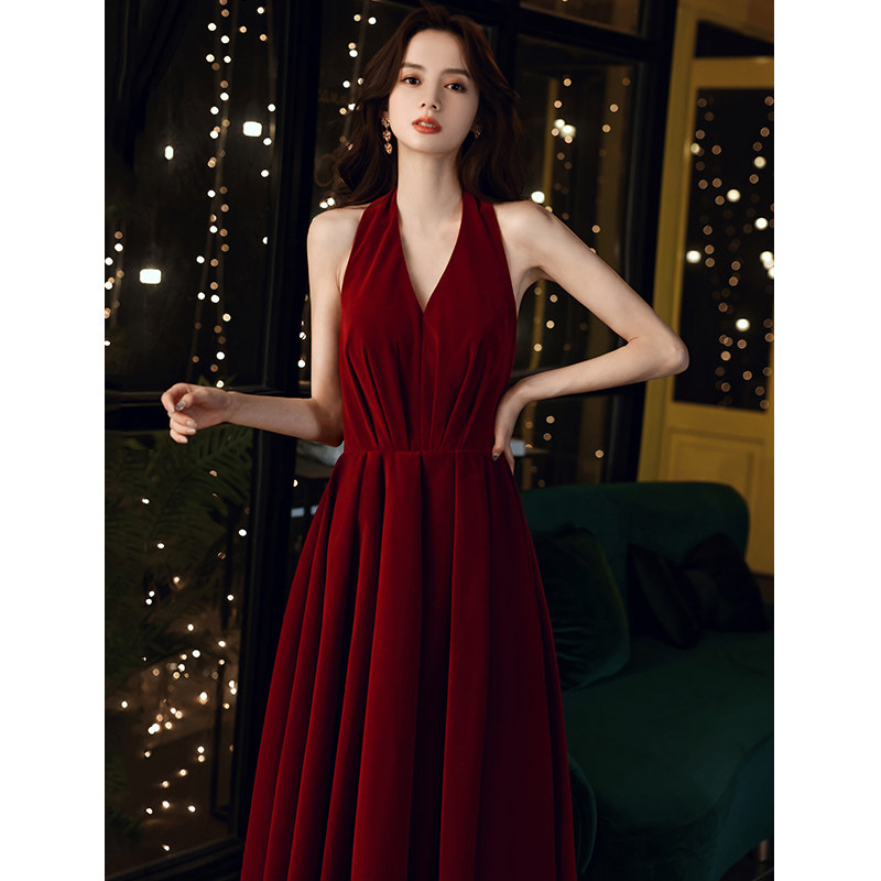 Toast dress bride 2022 new style wedding engagement back door dress burgundy summer hanging neck banquet evening dress dress woman