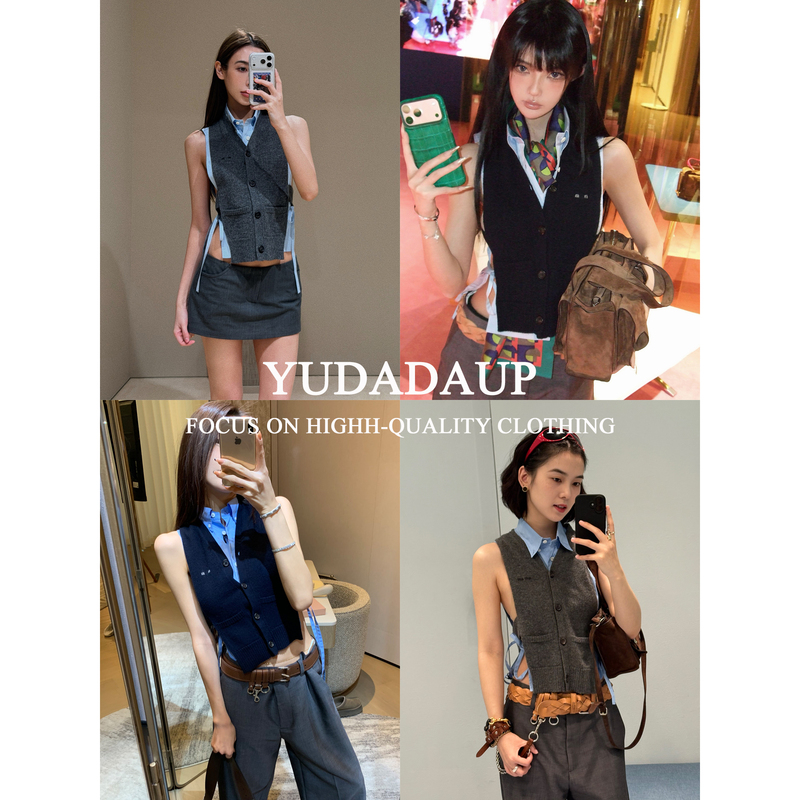 Yudadaup Layering Formula 26Ss Letter Embroidery Sleeveless Cashmere Knit Vest Sleeveless Tie-Up Shirt