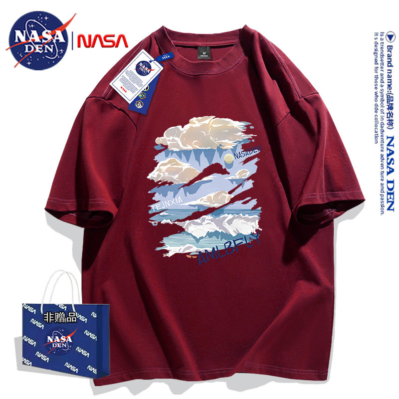 Совместная летняя футболка NASA из плотного хлопка с короткими рукавами для мужчин и женщин, простая и универсальная футболка с круглым вырезом и пятиконечным рукавом в американском стиле для женщин