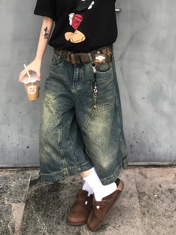 American Street Style Vintage Washed Distressed Denim Shorts Unisex Versatile Casual Loose Mid-Length Pants Wide-Leg Cropped Pants Trendy