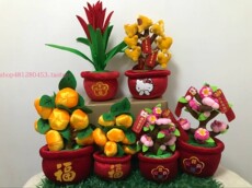 бонсай 包邮 新年元宵仿真橘子树桃花树 五代同堂年桔毛绒桔子树盆栽摆设