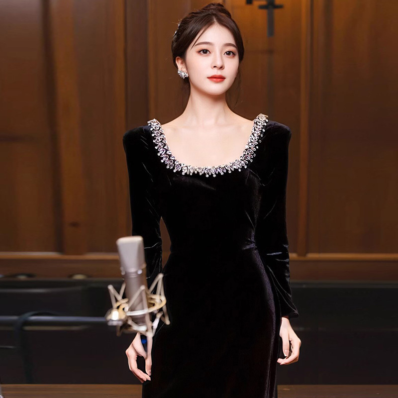 Heavy-Duty Evening Dress for Women, Black Long Style, High-End Elegant Banquet, Annual Meeting, Performance, Choir Conductor, Host Dress