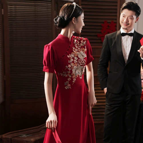 Осеннее длинное бордовое вечернее платье, китайский стиль