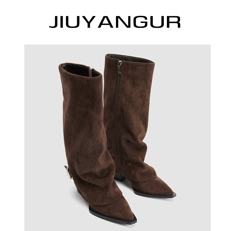 Jiuyanur High-Heeled Leather Boots for Women, New Autumn and Winter 2026, Wide Calf Long Boots, Chunky Heel Slouch Boots Jiuyanur High-Heeled Leather Boots for Women, New Autumn and Winter 2026, Wide Calf Long Boots, Chunky Heel Slouch Boots