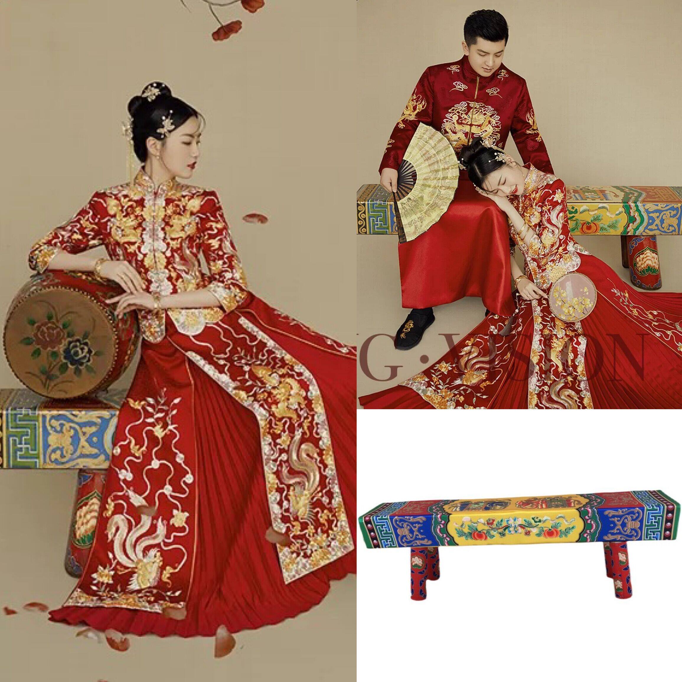 2021 new ancient dress Chinese vintage photo-prop solid wood strip stool bench Ancient Wind Themed National Tide Drum Show